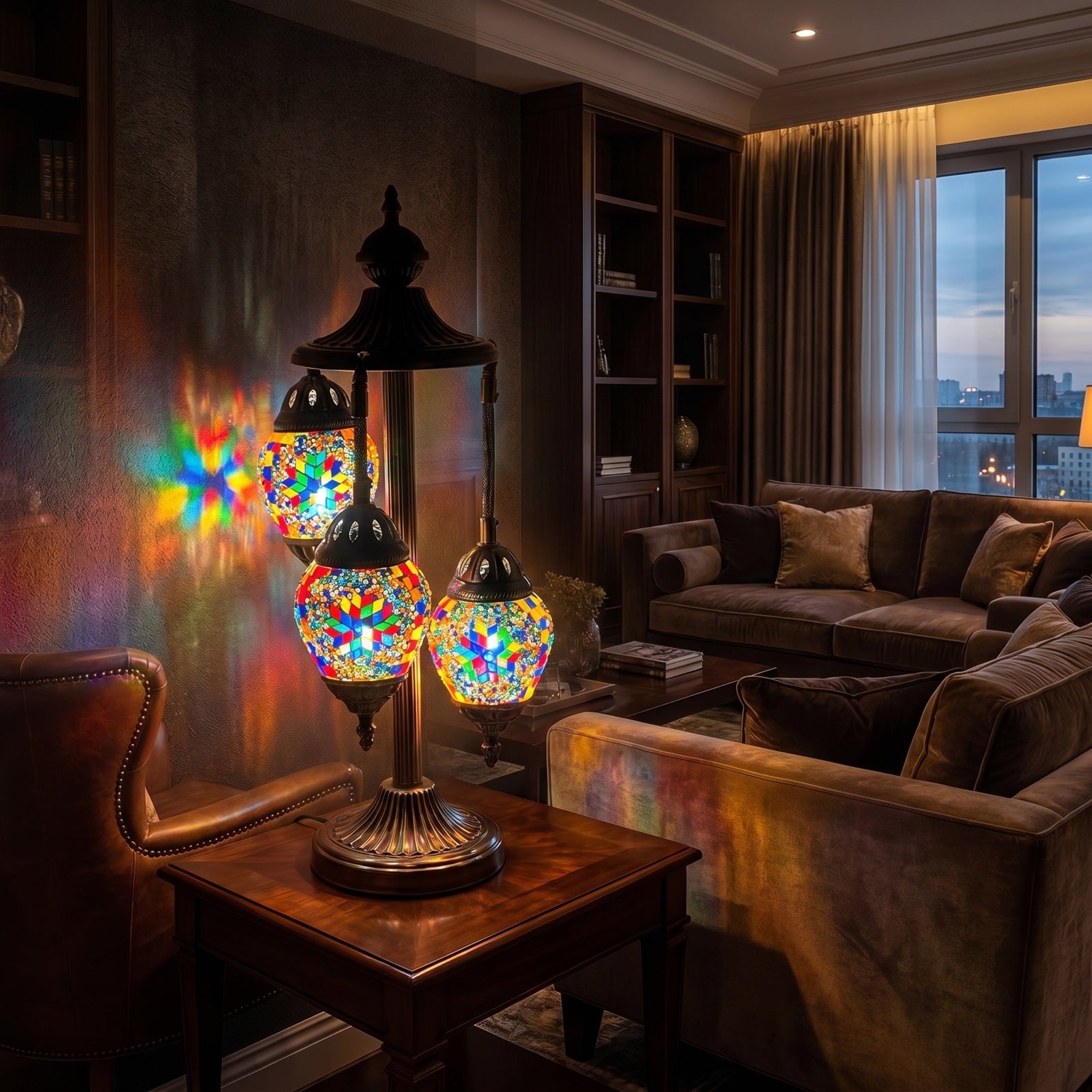 Floral Spectacle mosaic glass table lamp — glowing in a warm, dimly-lit evening room