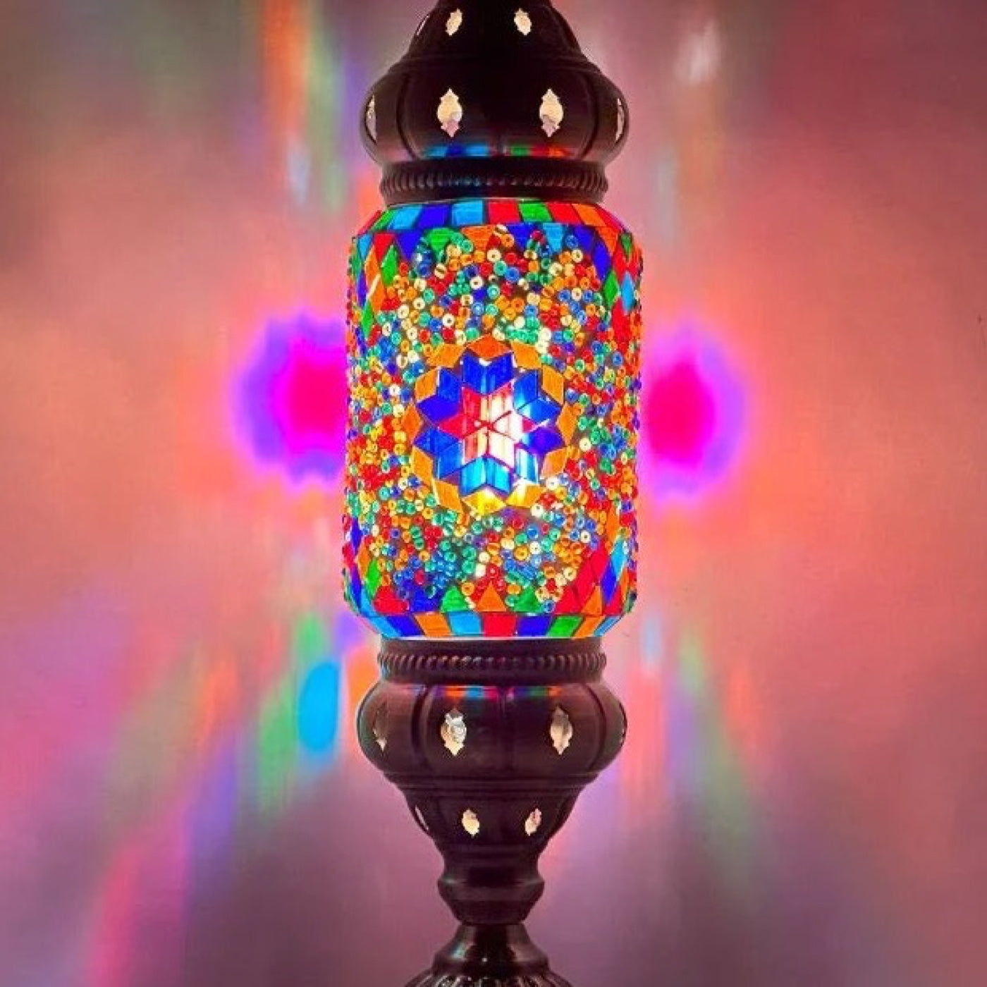 Floral Turkish Lamp in Blue & Purple mosaic glass table lamp — close-up of the hand-cut mosaic glass