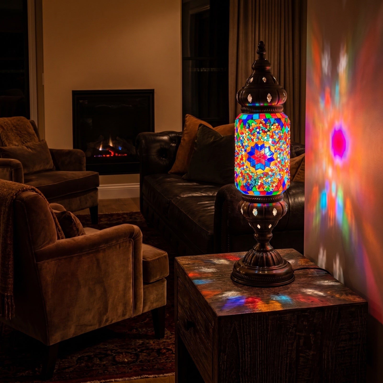 Floral Turkish Lamp in Blue & Purple mosaic glass table lamp — glowing in a warm, dimly-lit evening room