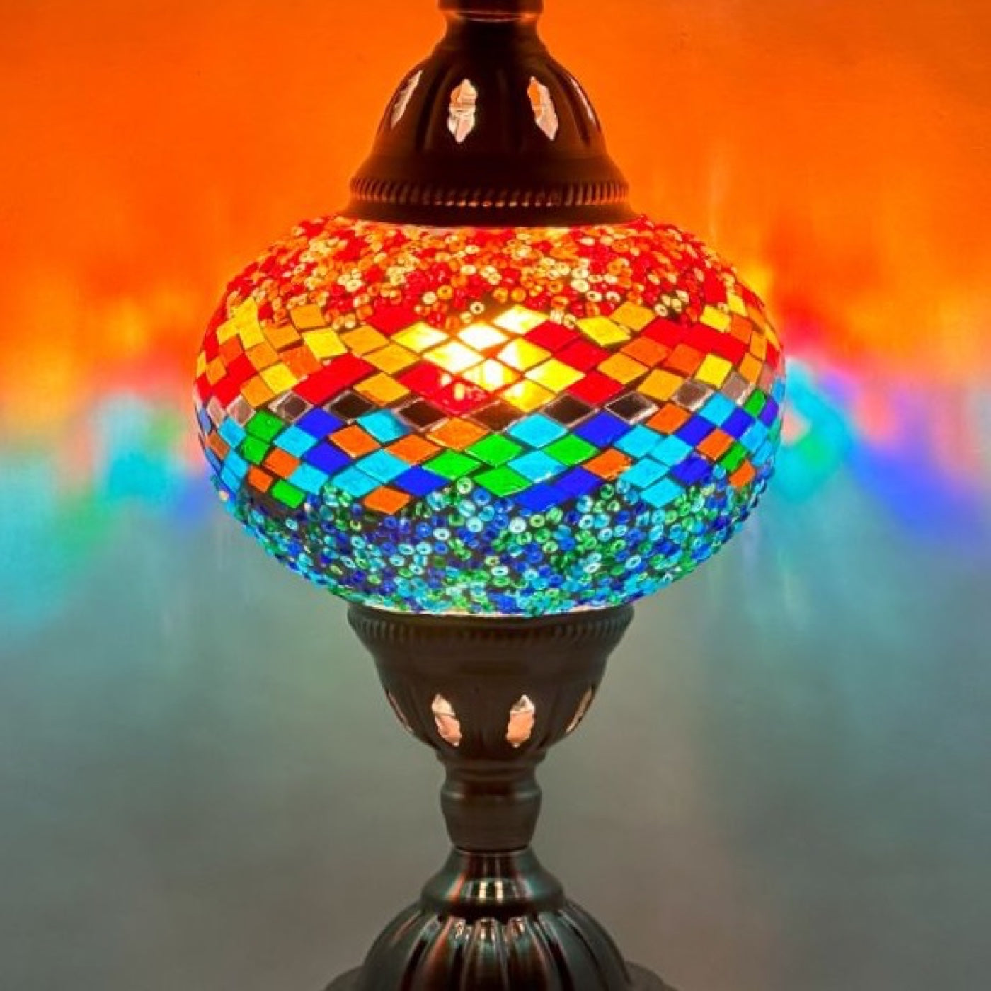 Fusion of Warm and Cool mosaic glass table lamp — close-up of the hand-cut mosaic glass