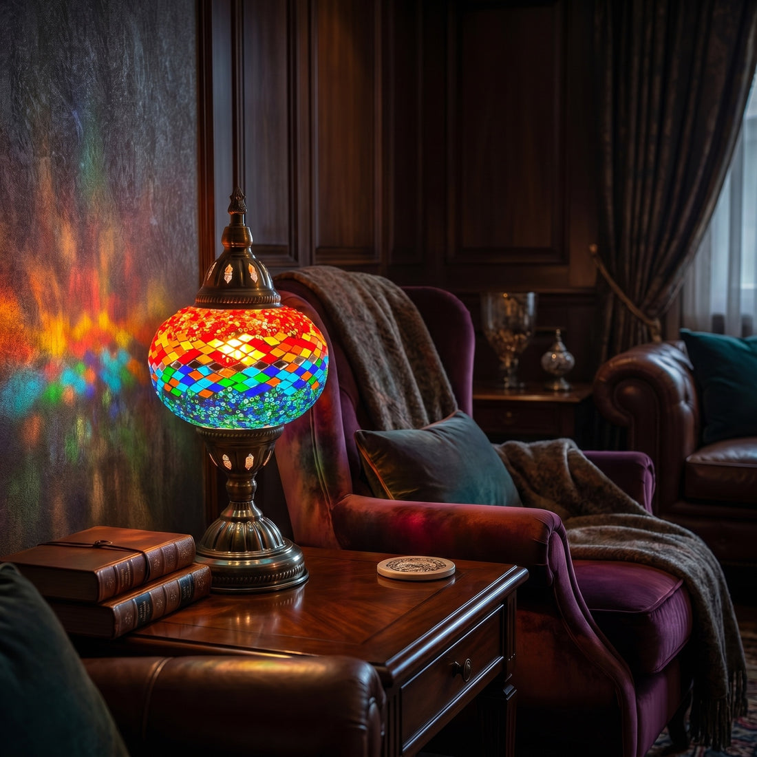 Fusion of Warm and Cool mosaic glass table lamp — glowing against a deep charcoal background