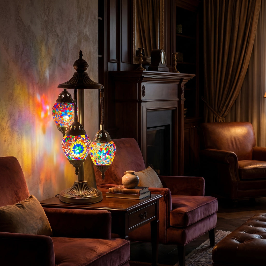 Garden Splendor mosaic glass table lamp — glowing against a deep charcoal background