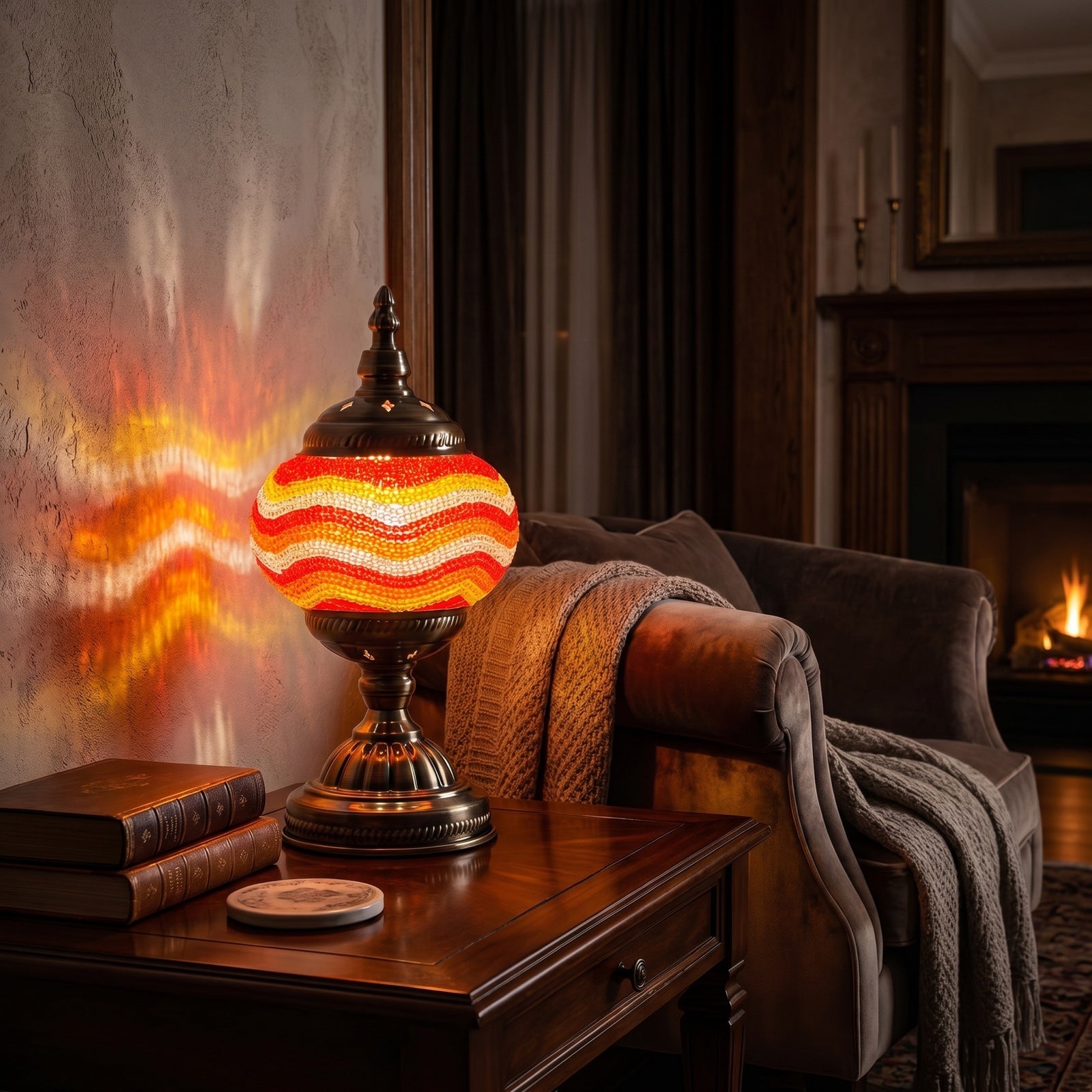 Golden Sands mosaic glass table lamp — glowing in a warm, dimly-lit evening room