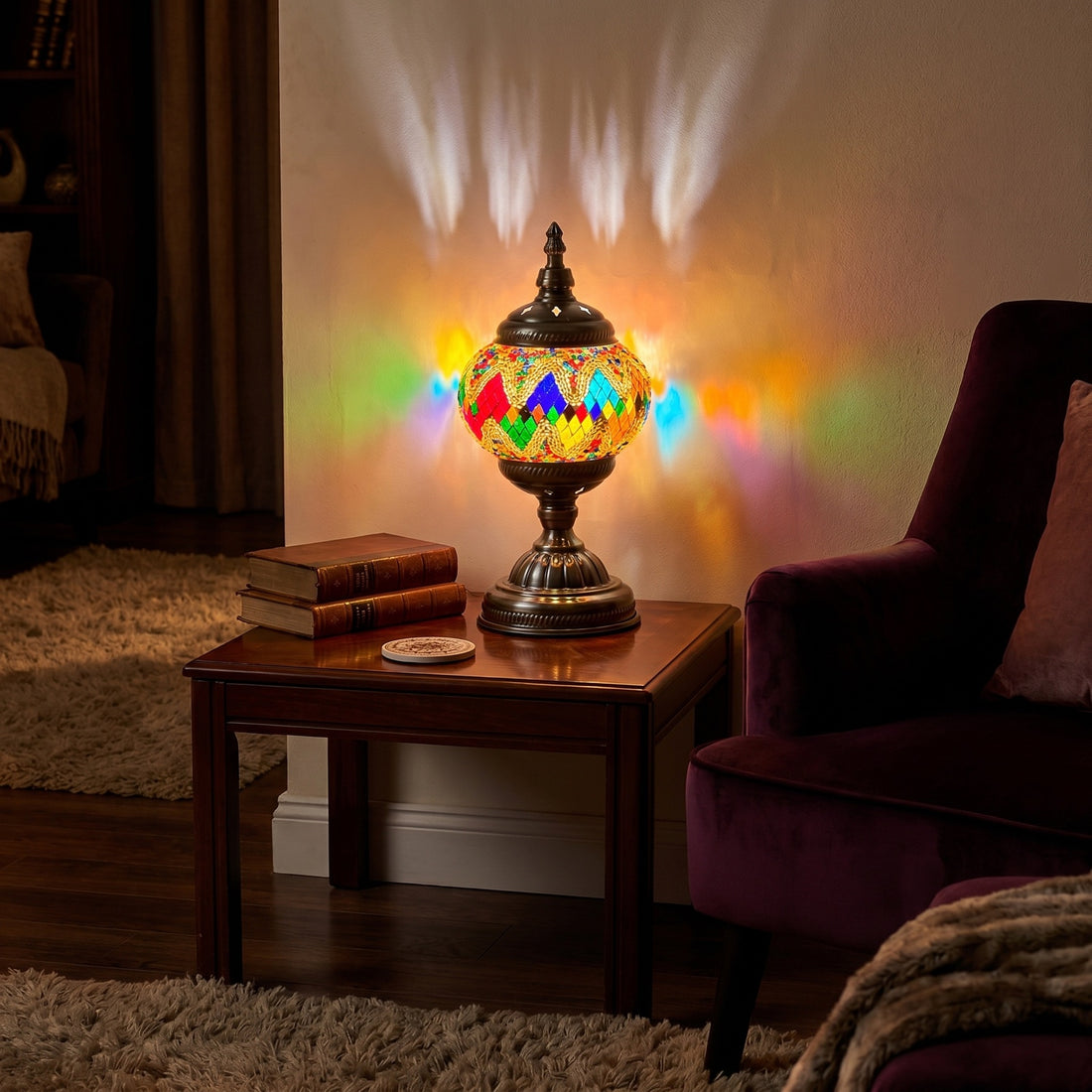 Golden Twilight mosaic glass table lamp — glowing against a deep charcoal background
