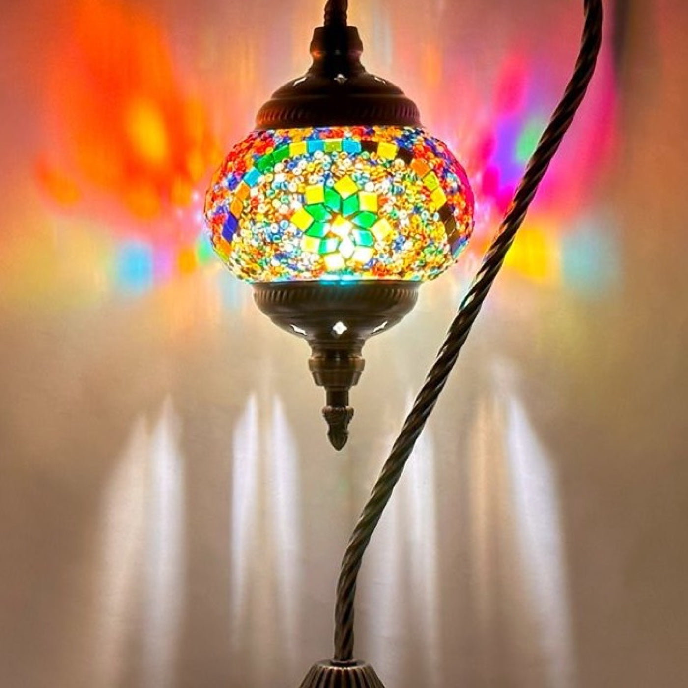 Goose Neck Mosaic Lamp with Colorful Flower Design mosaic glass table lamp — close-up of the hand-cut mosaic glass