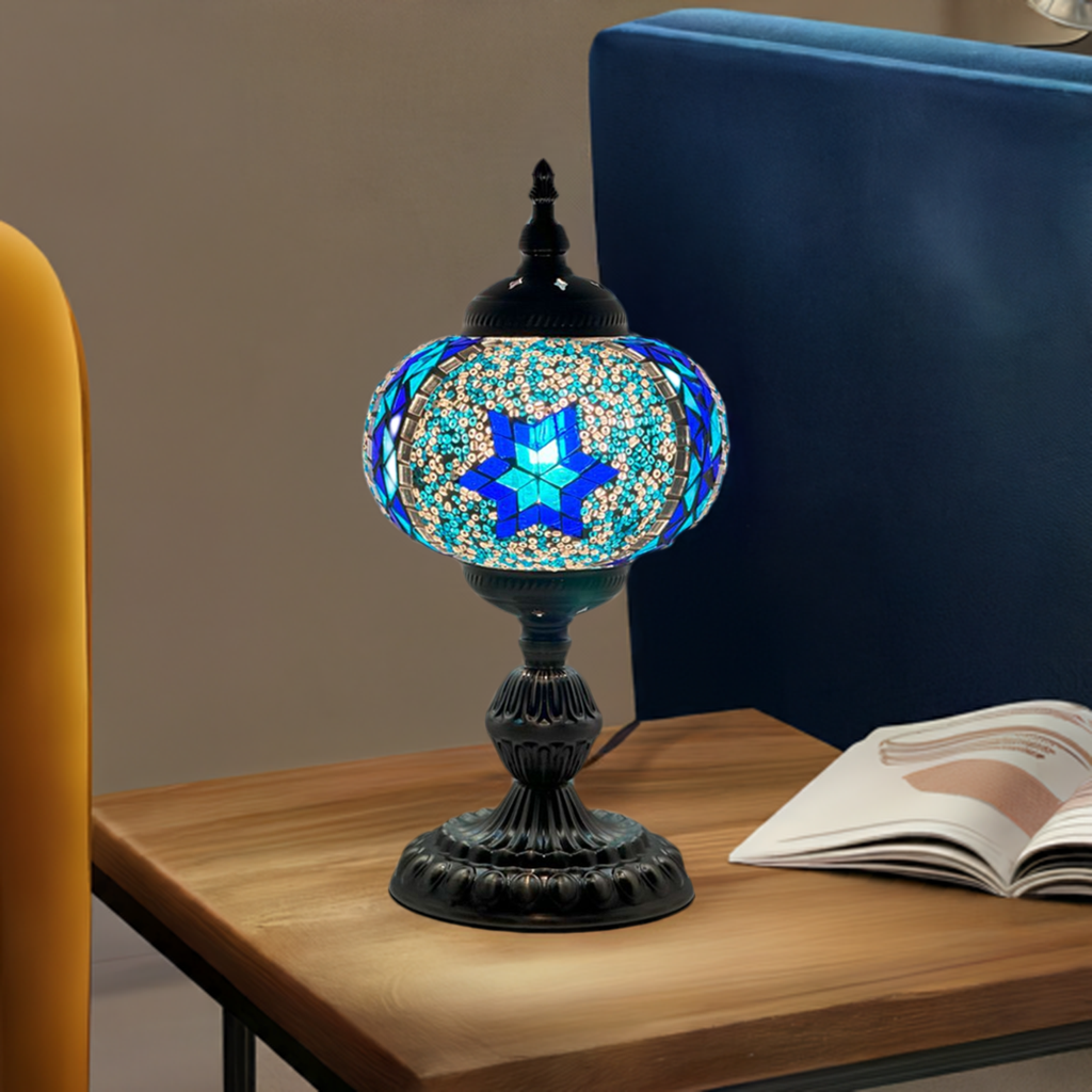 Traditional Blue Star Mosaic Turkish Table Lamp mosaic glass table lamp — detail view