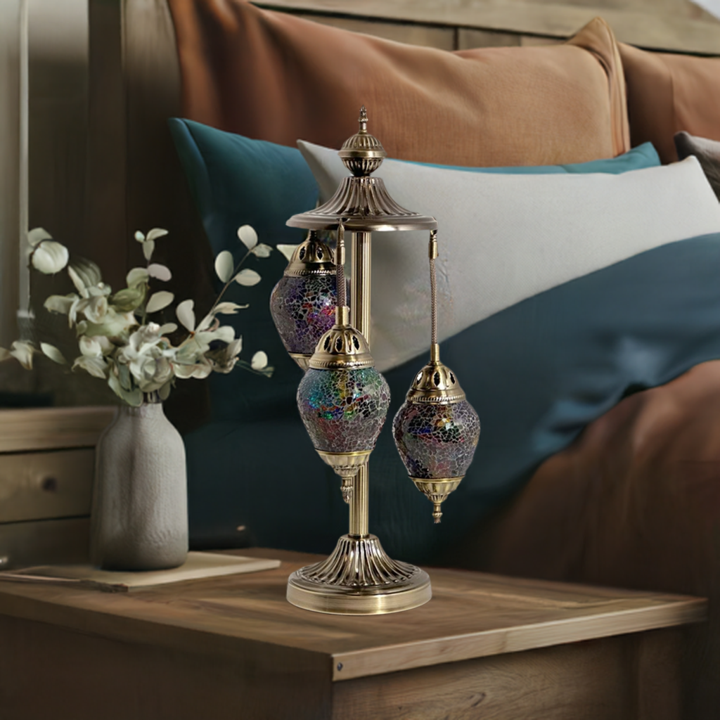 Rainbow Spectrum Egg mosaic glass table lamp — on a nightstand