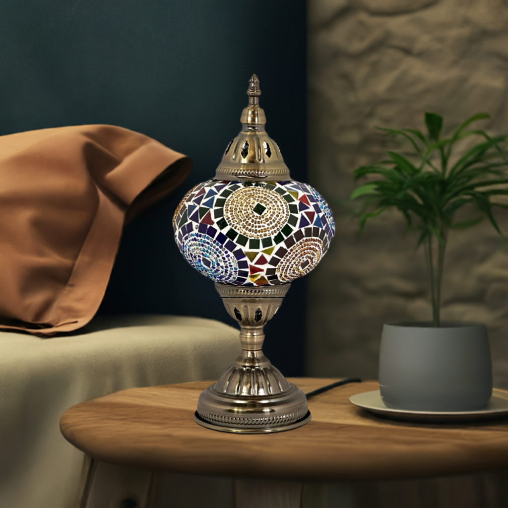 Sunflower Symphony mosaic glass table lamp — on a nightstand