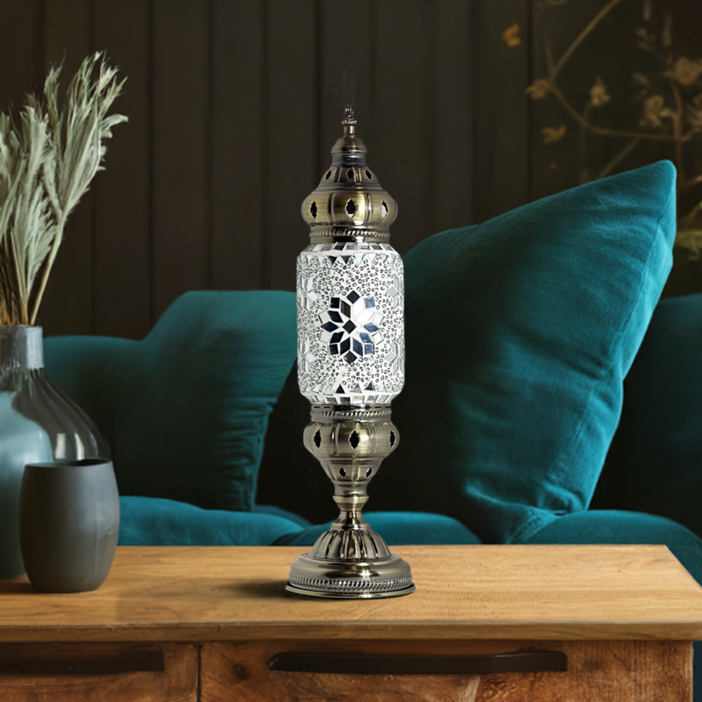 Ivory Elegance mosaic glass table lamp — on a nightstand