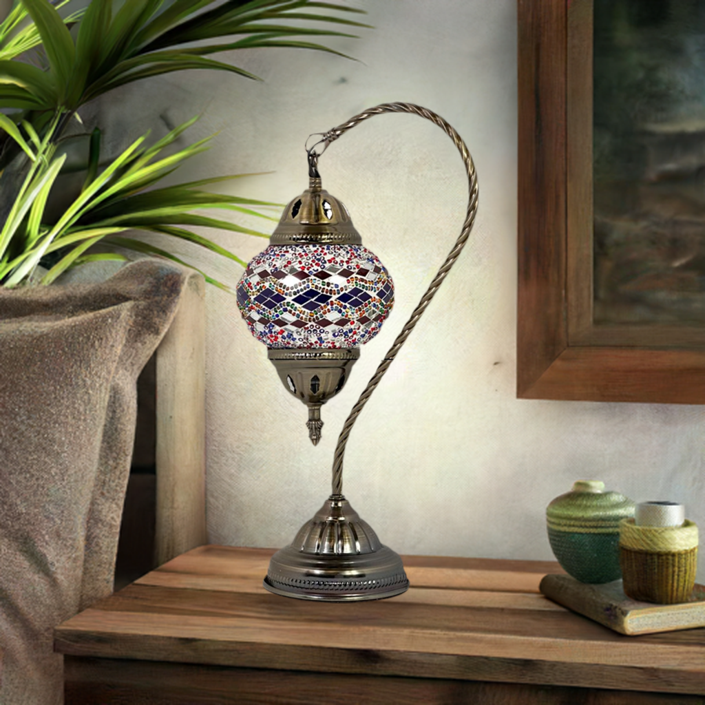 Turkish Lamp with Blue & Red Diamond Patterns mosaic glass table lamp — on a nightstand