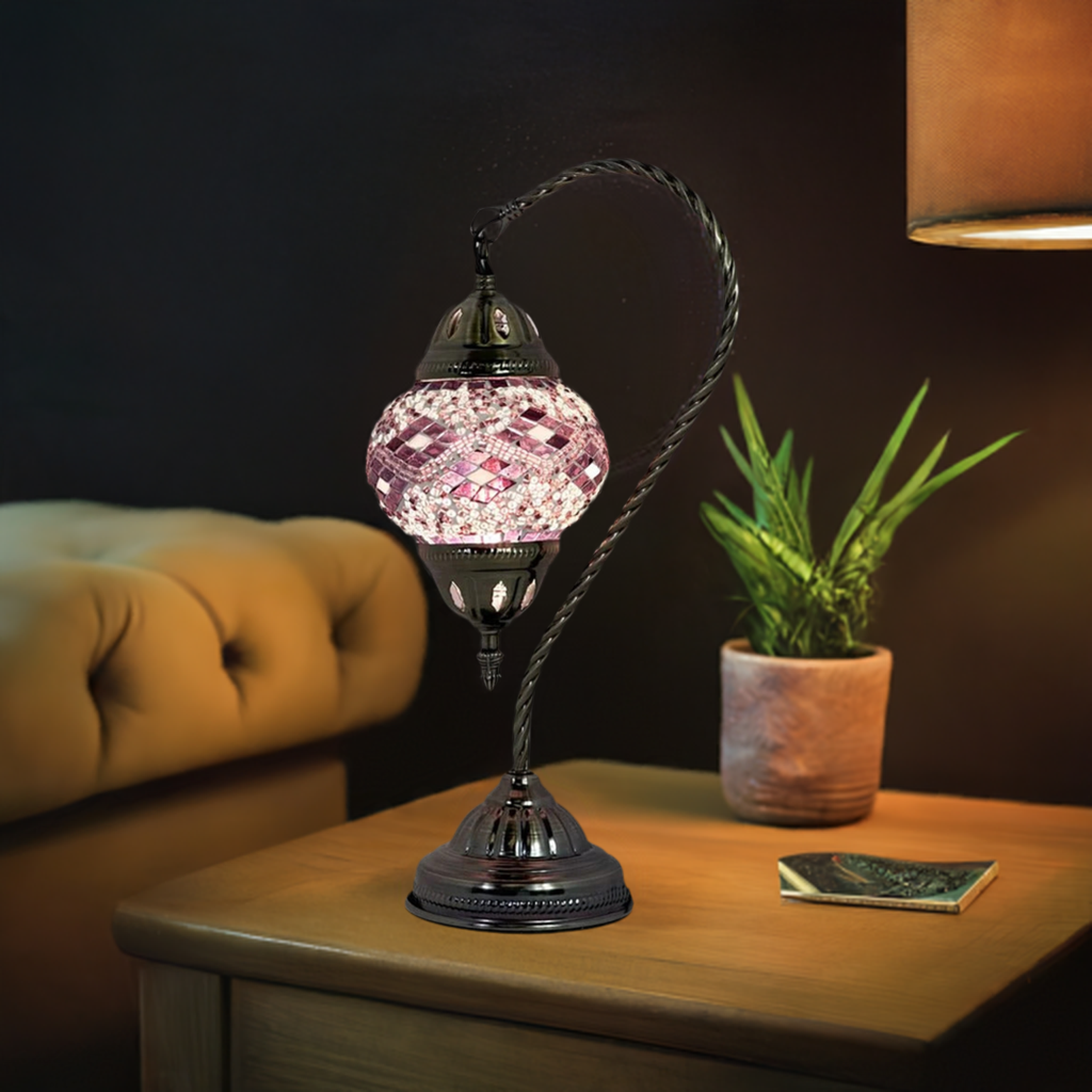 Lavender Whisper mosaic glass table lamp — glowing in a styled room