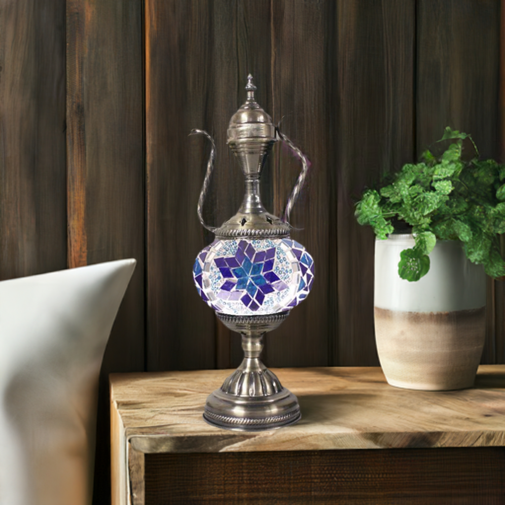 Turkish Blue Star Pitcher Lamp mosaic glass table lamp — on a nightstand