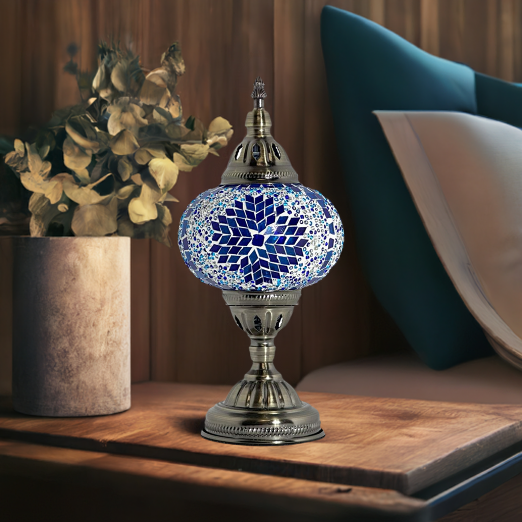 Mystic Midnight Blue Turkish Lamp with Mosaic Glass Art mosaic glass table lamp — on a nightstand