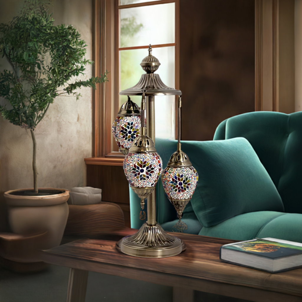 Floral Spectacle mosaic glass table lamp — on a nightstand