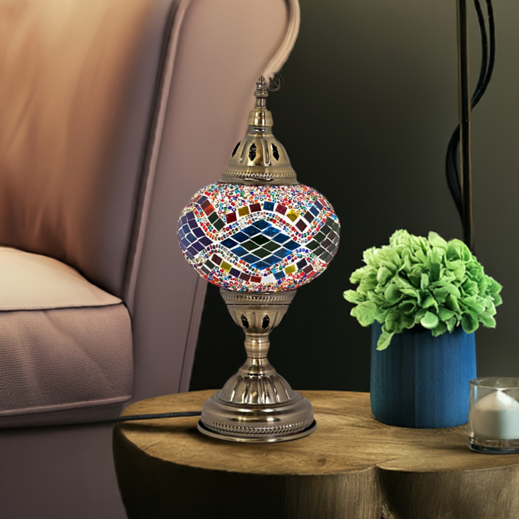 Kaleidoscopic Diamond Road mosaic glass table lamp — on a nightstand