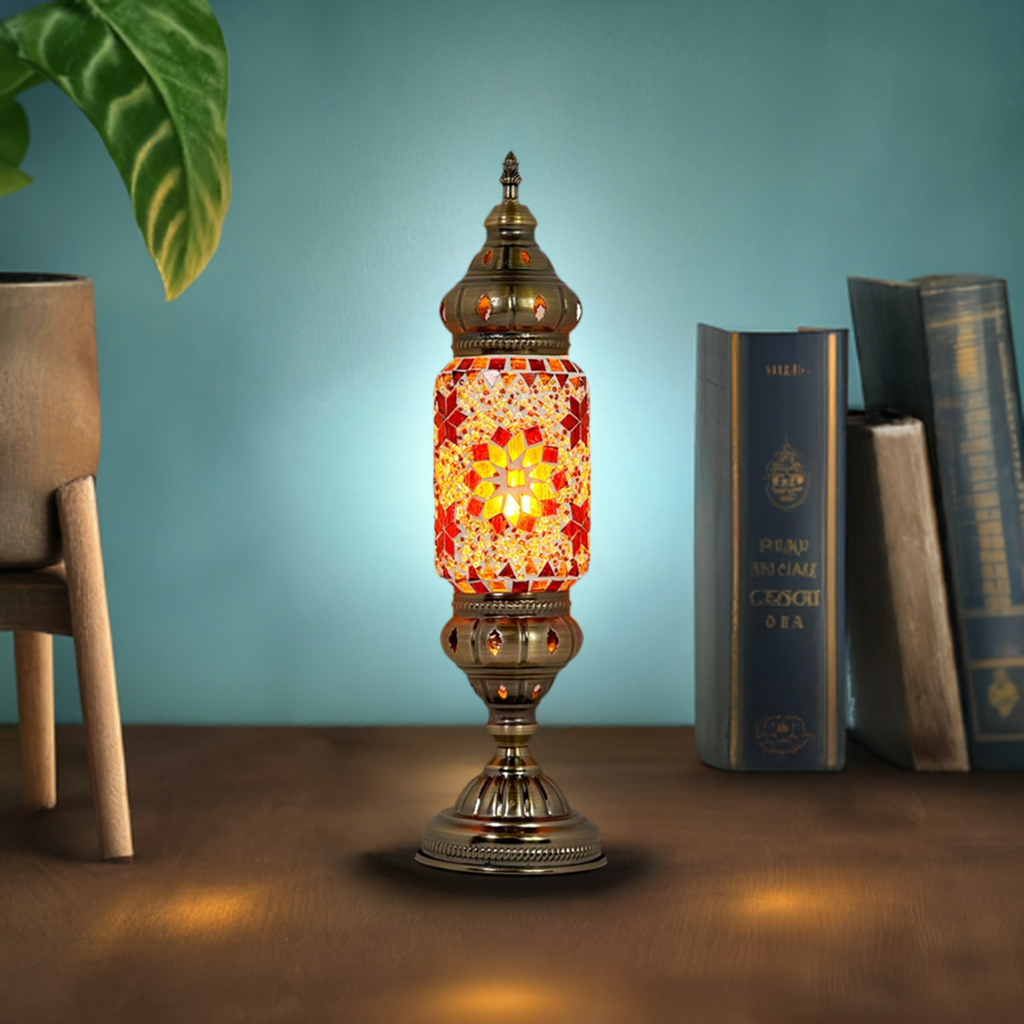Mediterranean Allure mosaic glass table lamp — glowing in a styled room