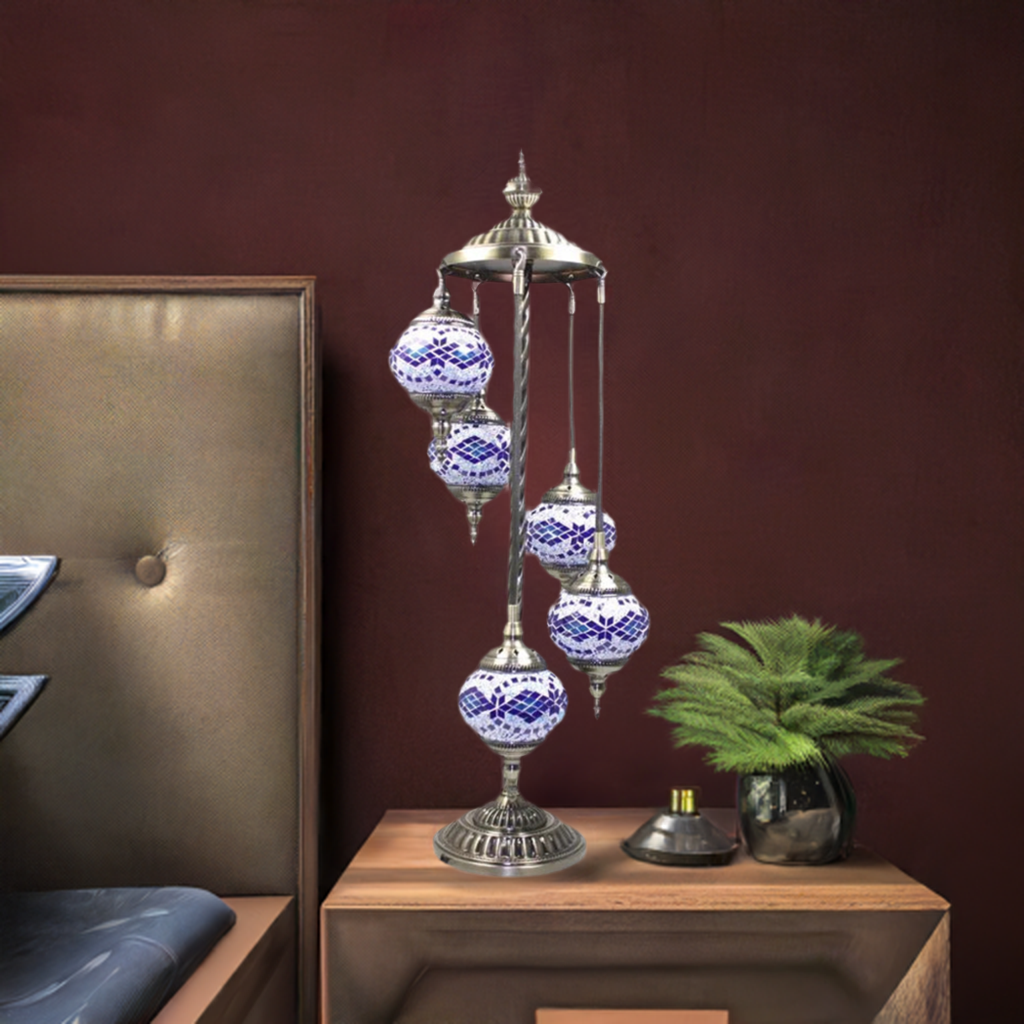 Turkish Floor Lamp with Blue Diamonds mosaic glass table lamp — on a nightstand