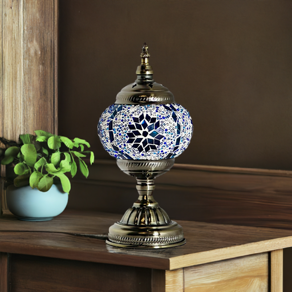 Moroccan mosaic glass table lamp — on a nightstand