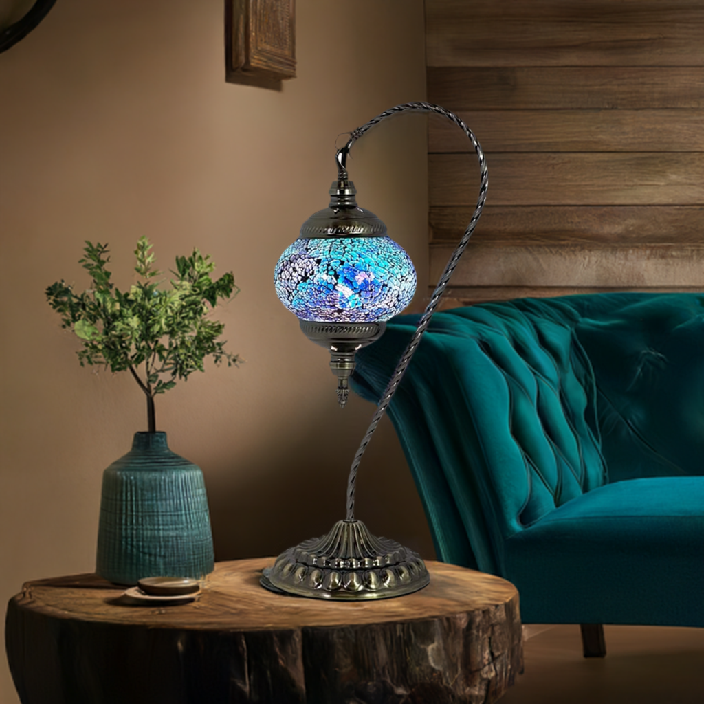 Azure Serenity mosaic glass table lamp — glowing in a styled room