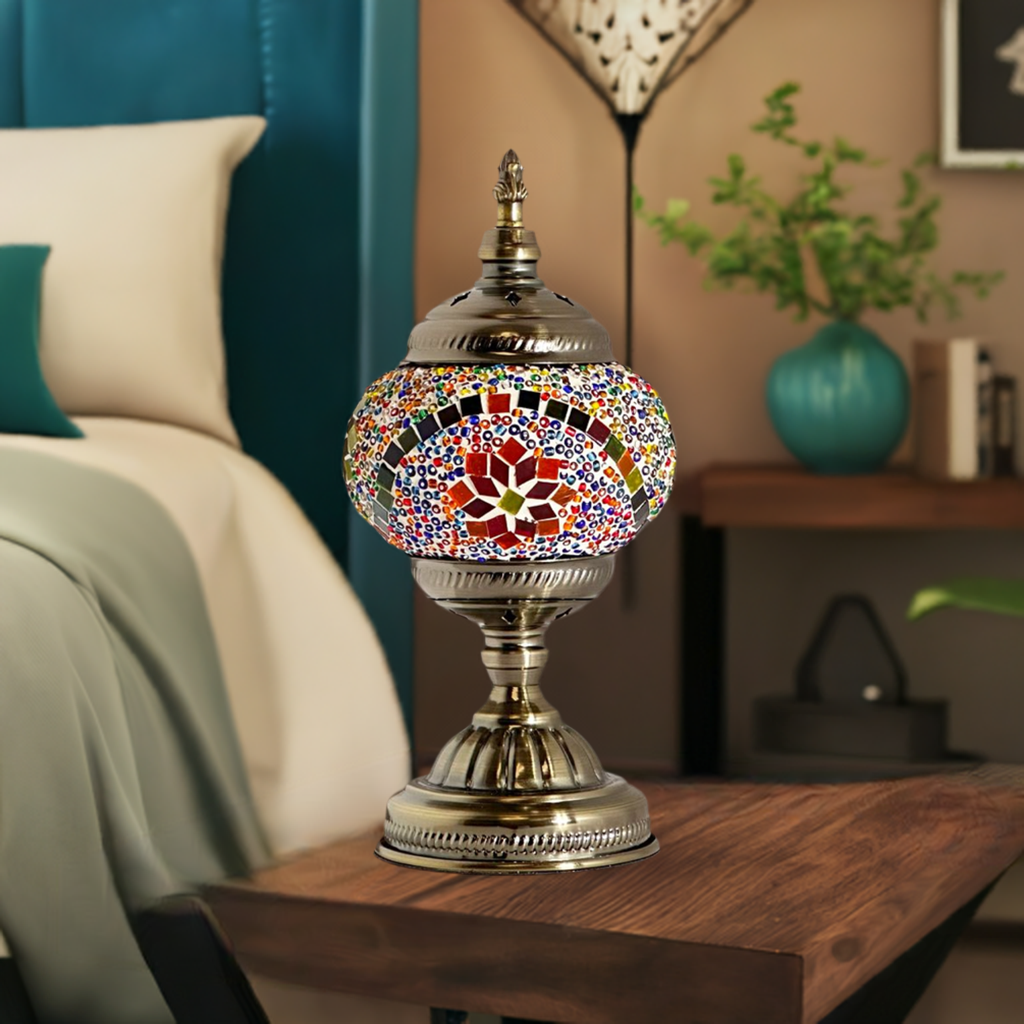 Multicolored Blossom mosaic glass table lamp — on a nightstand