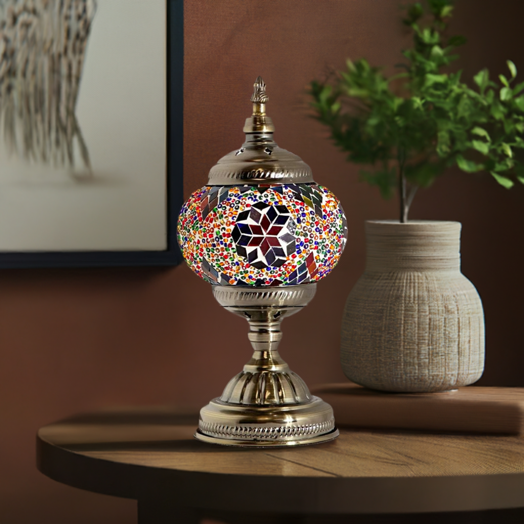 Purple Aurora mosaic glass table lamp — on a nightstand