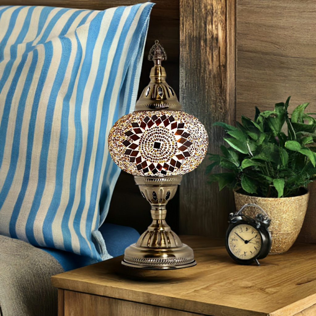 Retro Elegance mosaic glass table lamp — on a nightstand