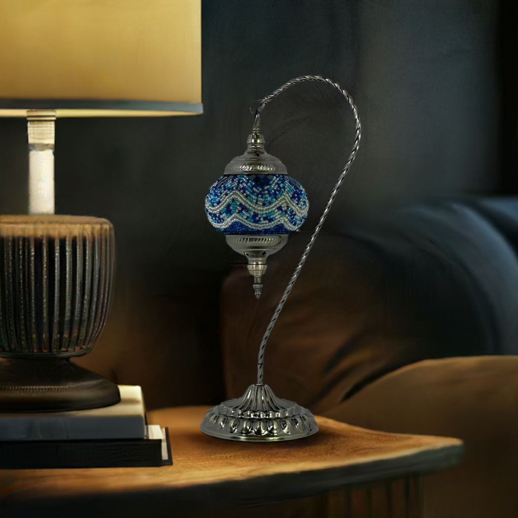 Azure Serenity mosaic glass table lamp — on a nightstand