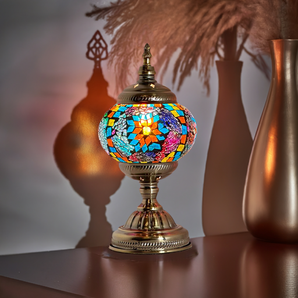 Azure Rainbow mosaic glass table lamp — glowing in a styled room