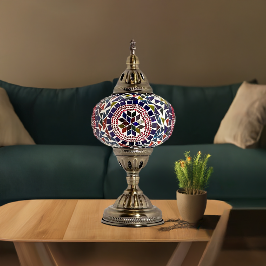 Desert Rose Blue Mosaic Desk Lamp mosaic glass table lamp — on a nightstand
