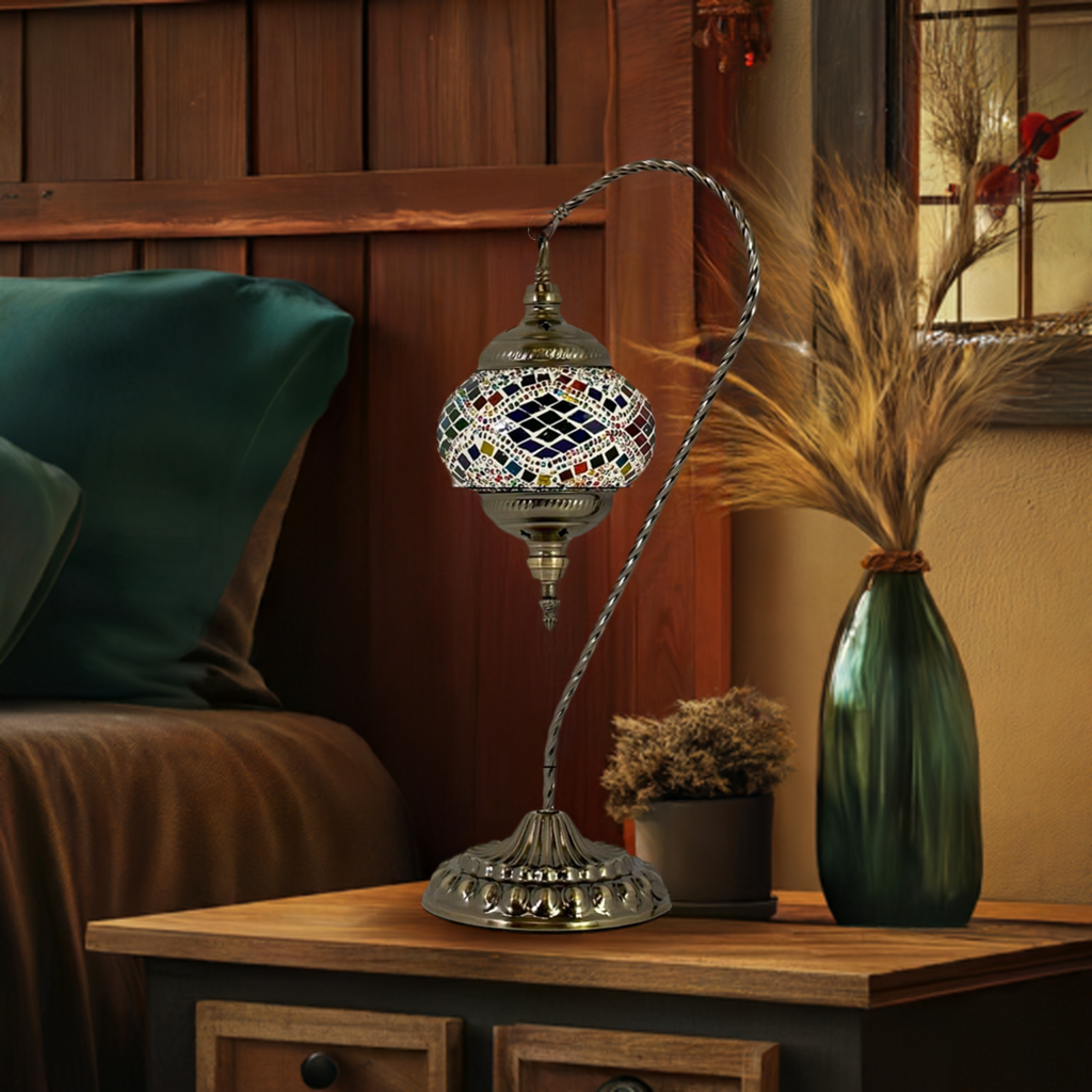 Vibrant Aura Handmade Swan Neck Mosaic Lamps in Colorful Tones mosaic glass table lamp — on a nightstand