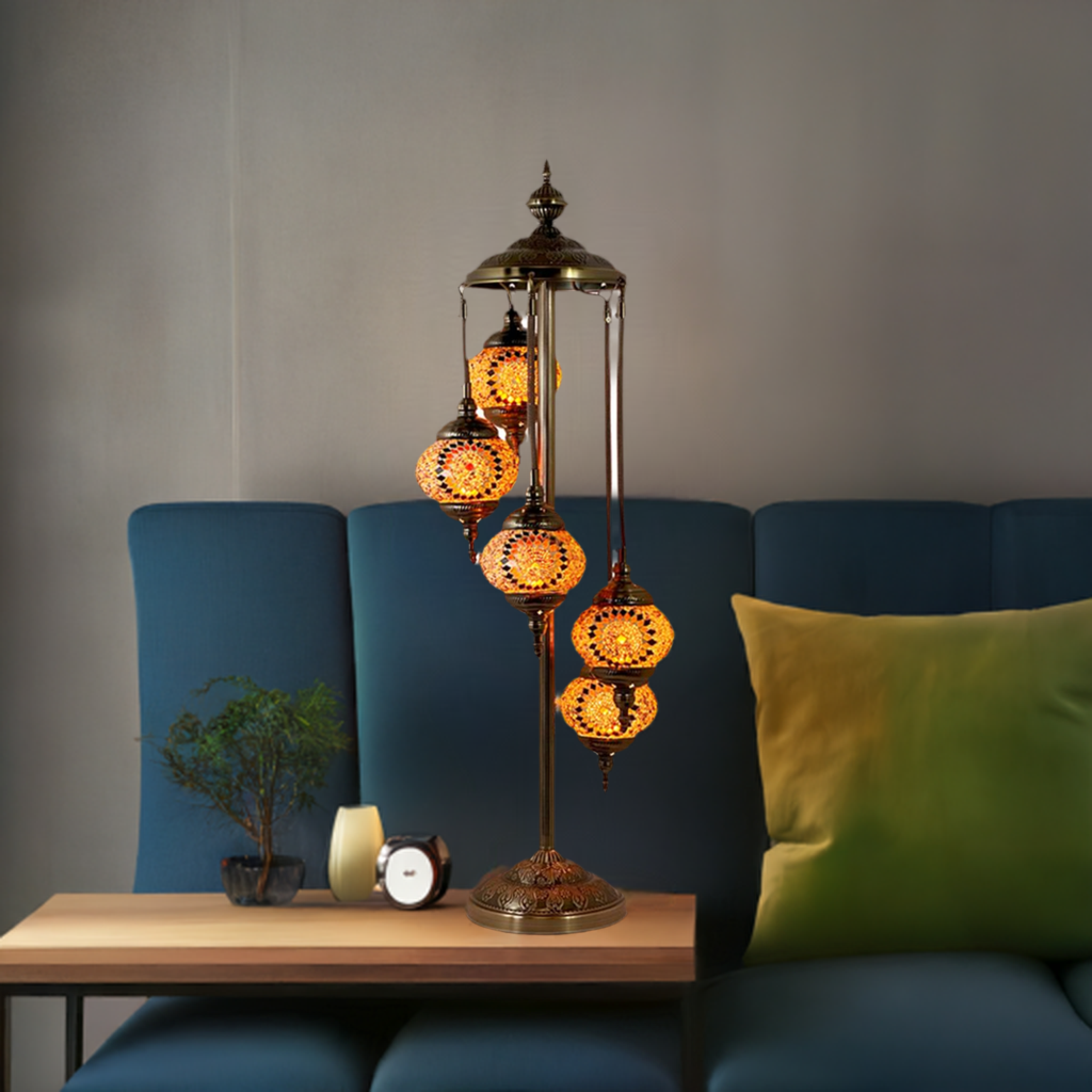 Vibrant Orange Blossom Handmade Turkish Lamp with Quintuple Globes mosaic glass table lamp — glowing in a styled room