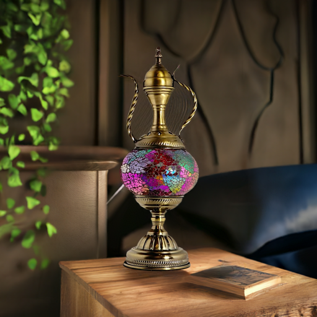 Mediterranean Allure mosaic glass table lamp — on a nightstand