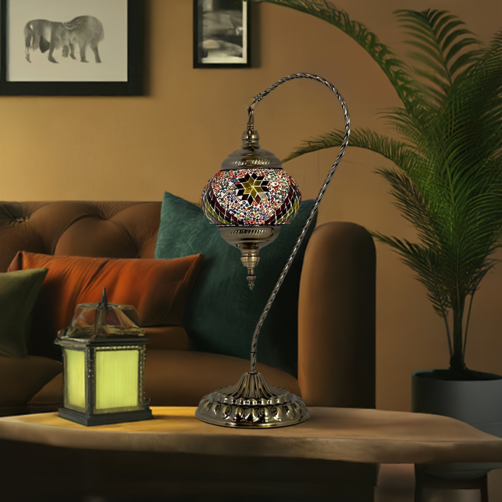 Fiery Waves Swan Neck Handcrafted Mosaic Turkish Lamp mosaic glass table lamp — on a nightstand