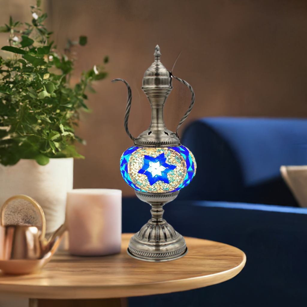 Turkish Blue Star Pitcher Lamp mosaic glass table lamp — glowing in a styled room