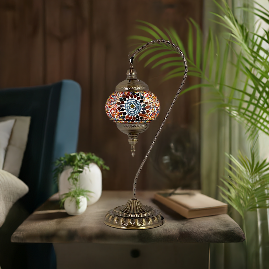 Scarlet Sunflower mosaic glass table lamp — on a nightstand