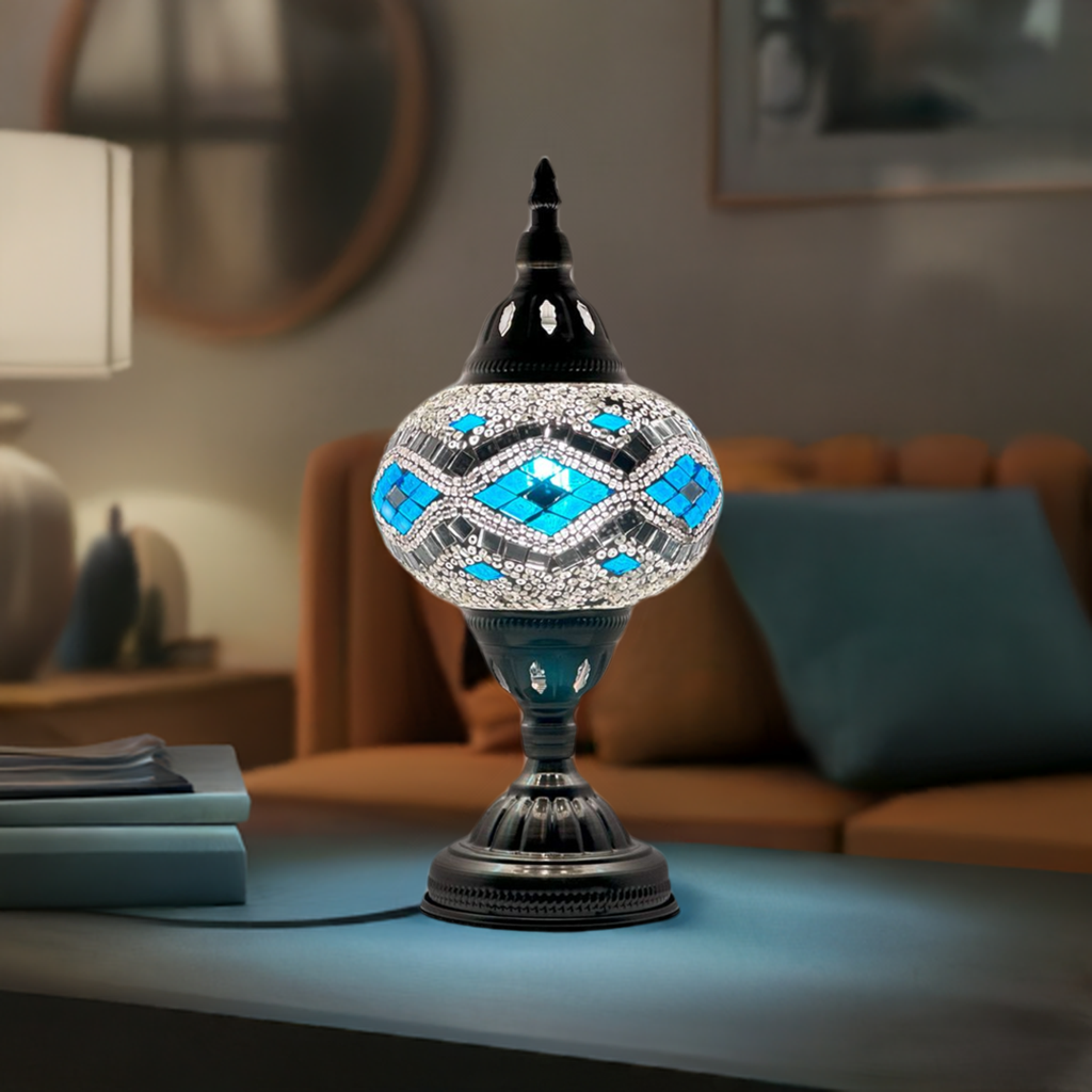 Icy Elegance mosaic glass table lamp — glowing in a styled room