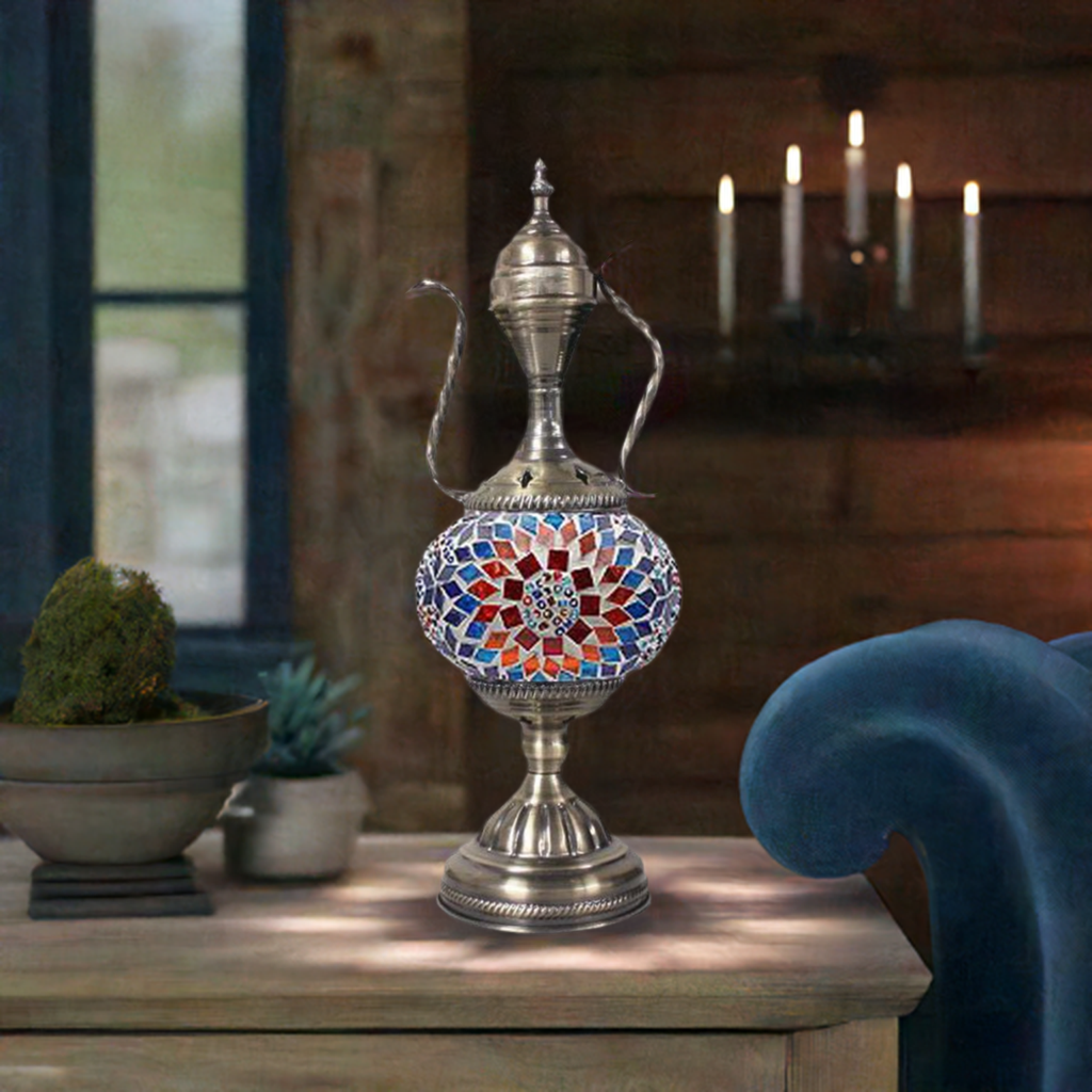 Artistic Blue Sunflower Turkish mosaic glass table lamp — on a nightstand