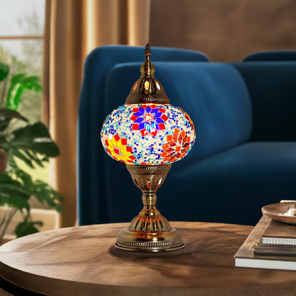 Tropical Elegance mosaic glass table lamp — glowing in a styled room