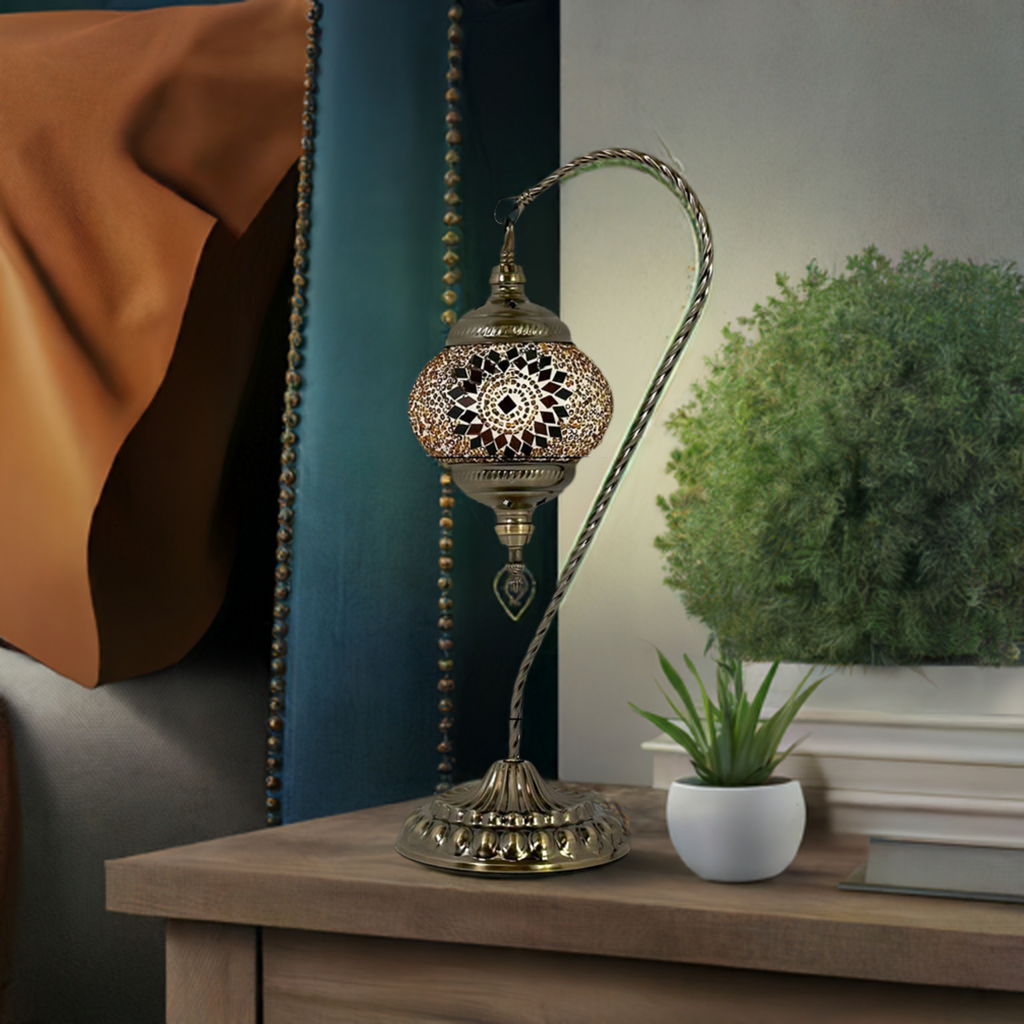Soothing Orange Blossom Swan Neck Handmade Mosaic Bedside Lamp mosaic glass table lamp — on a nightstand