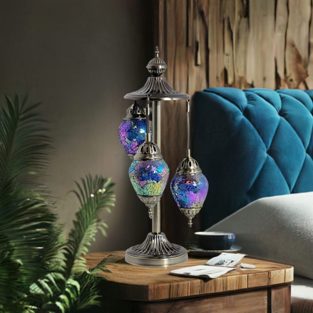 Nautical Navy Blue mosaic glass table lamp — on a nightstand