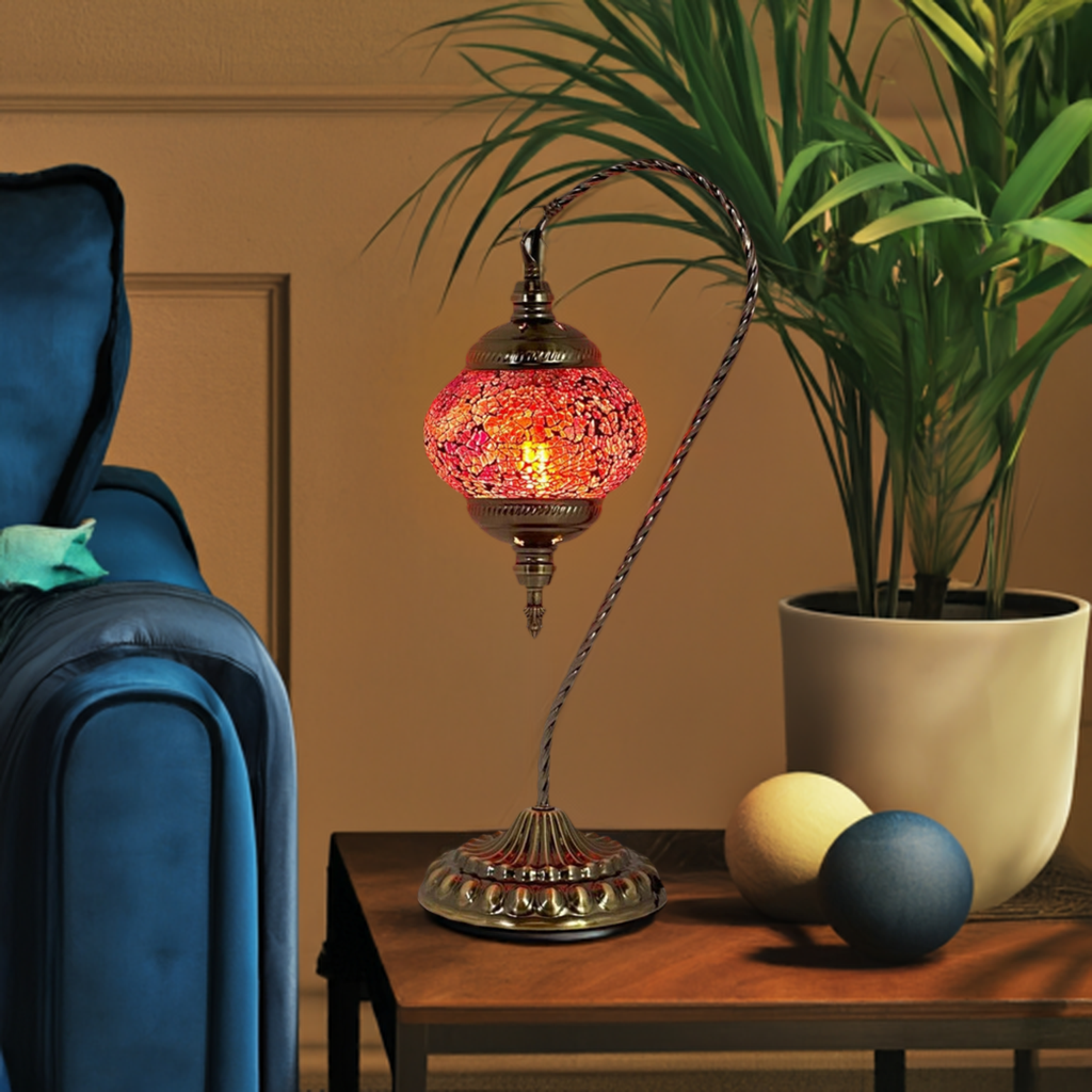 Fiery Grace mosaic glass table lamp — glowing in a styled room