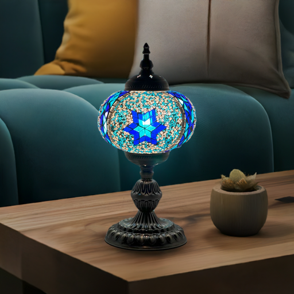 Traditional Blue Star Mosaic Turkish Table Lamp mosaic glass table lamp — close-up of the mosaic glass
