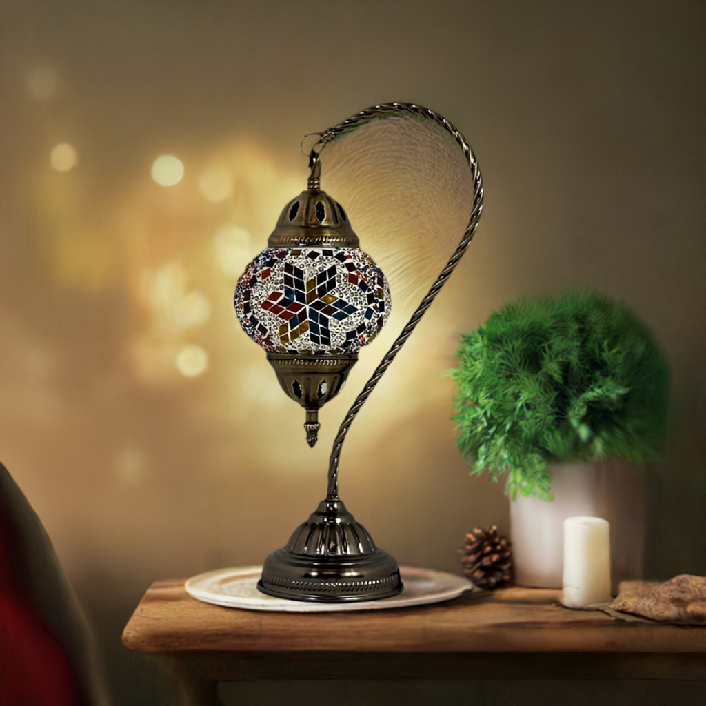 Moroccan Essence mosaic glass table lamp — on a nightstand
