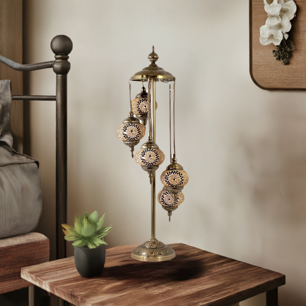 Vibrant Orange Blossom Handmade Turkish Lamp with Quintuple Globes mosaic glass table lamp — on a nightstand