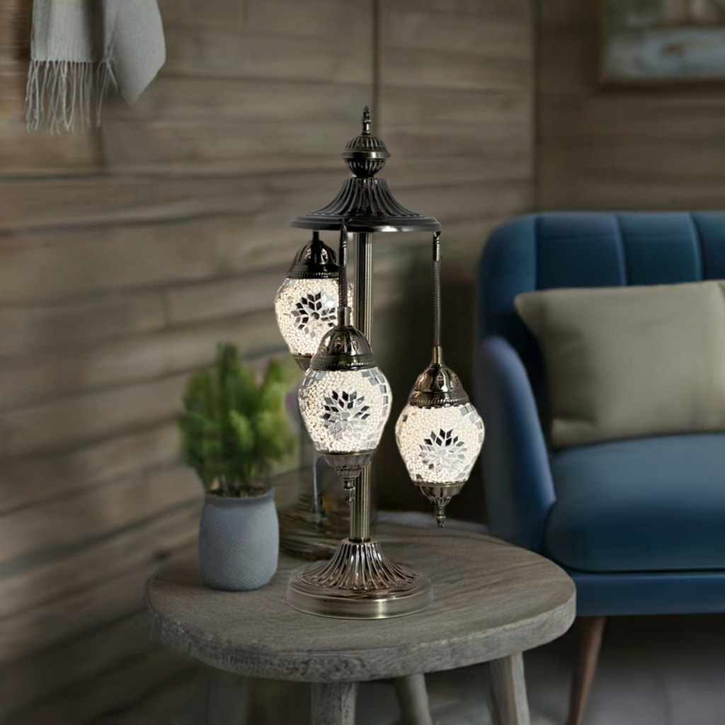 Elegant White Rose mosaic glass table lamp — glowing in a styled room