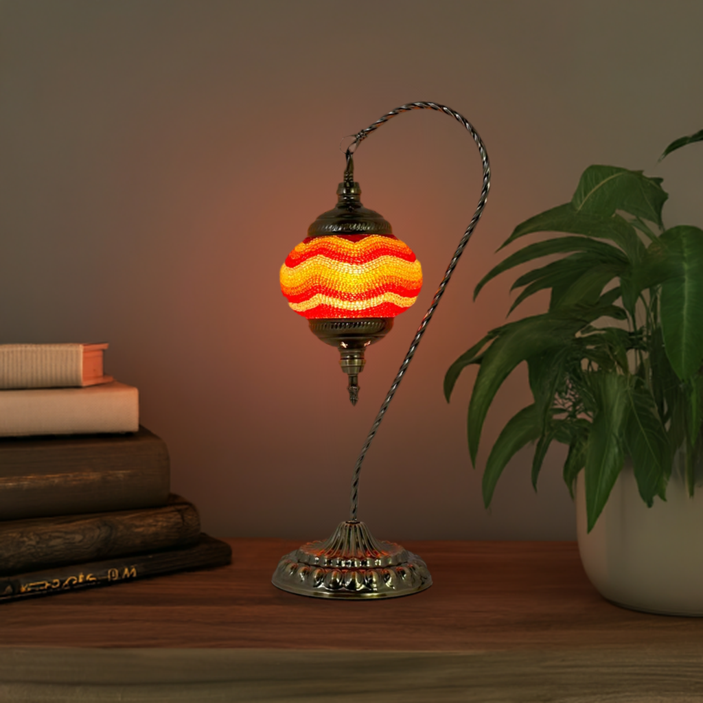 Citrus Radiance mosaic glass table lamp — glowing in a styled room