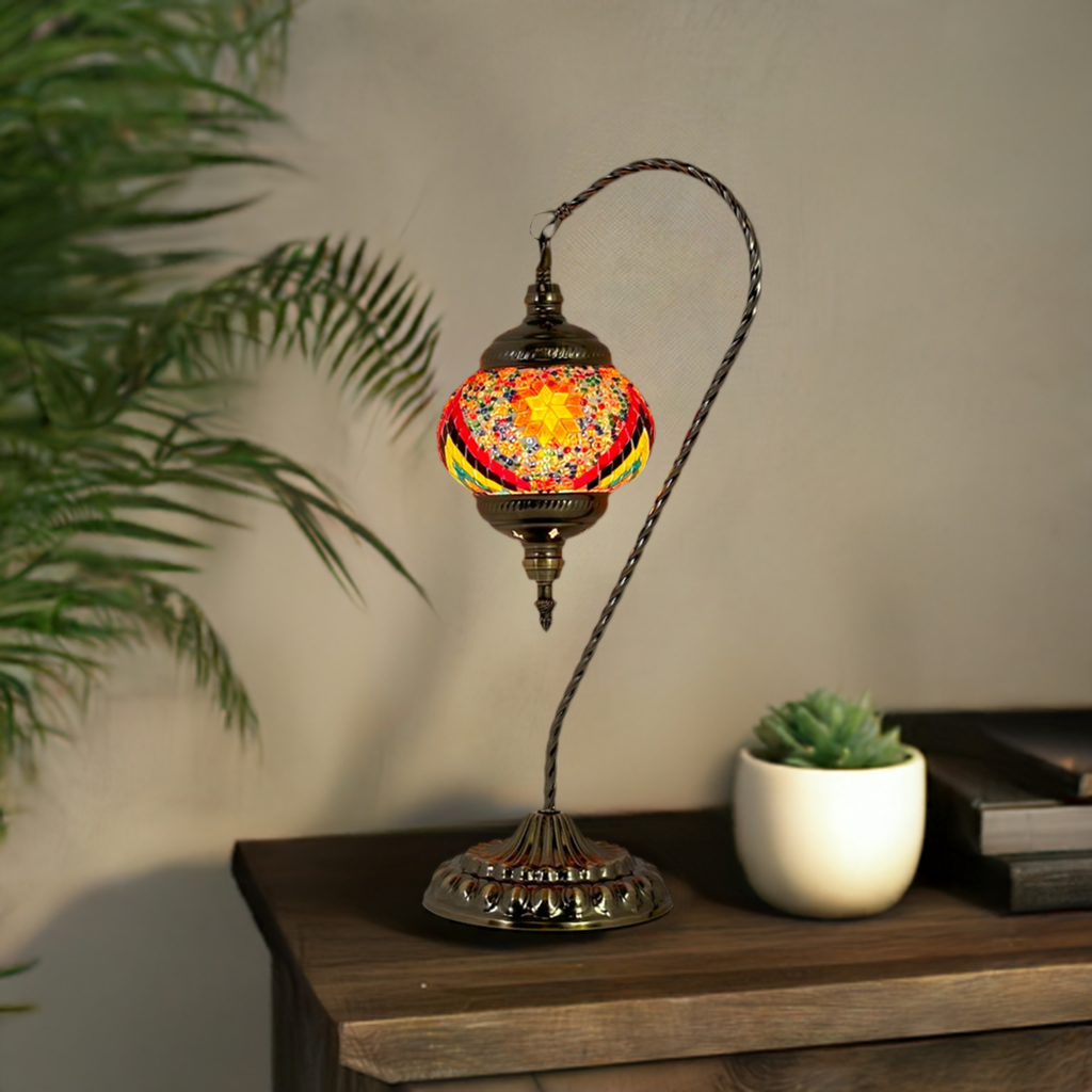 Fiery Waves Swan Neck Handcrafted Mosaic Turkish Lamp mosaic glass table lamp — glowing in a styled room