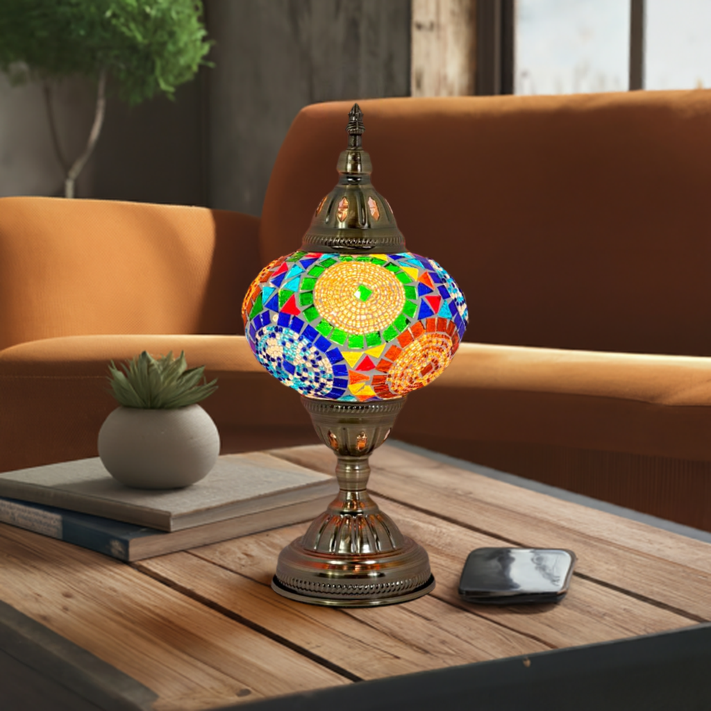 Sunflower Symphony mosaic glass table lamp — glowing in a styled room