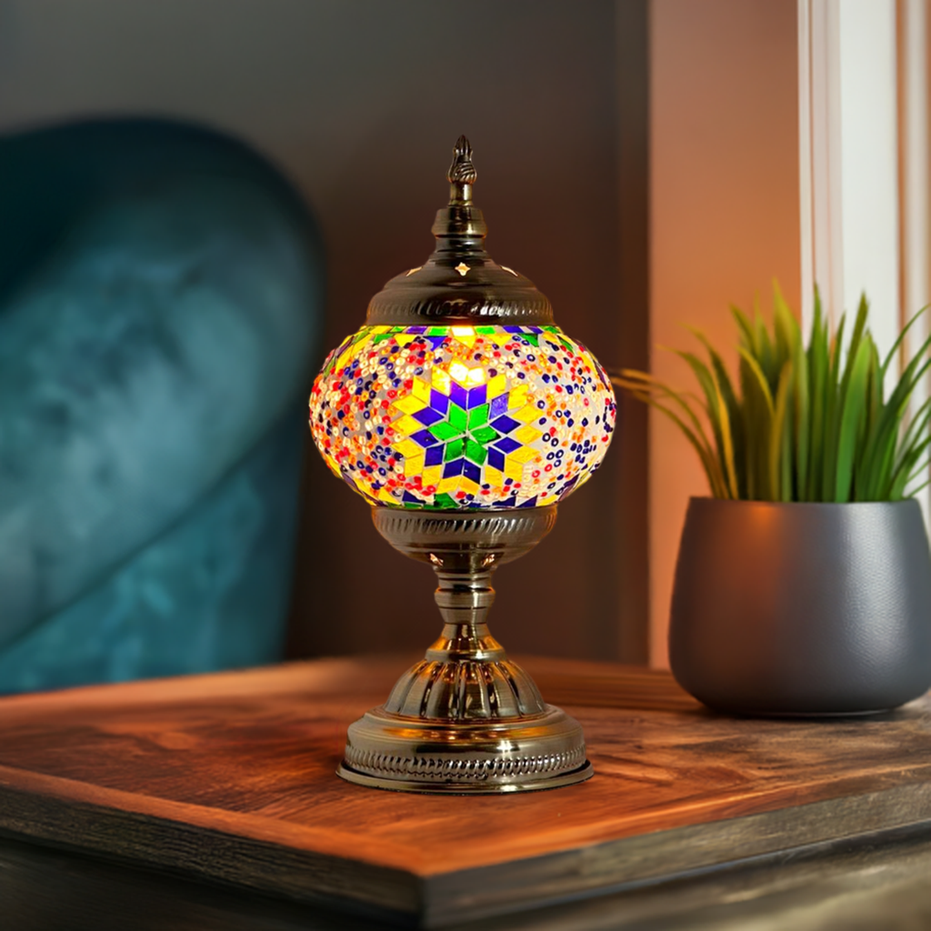Sunset Aura: Rainbow Mosaic Table Lamp with Warm Orange Colors