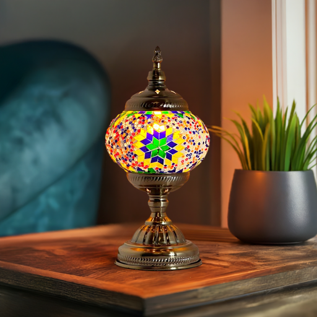 Sunset Aura mosaic glass table lamp — glowing in a styled room